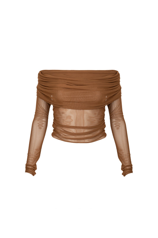 LK NO35 TRANSPARENT BROWN OFF SHOULDER TOP